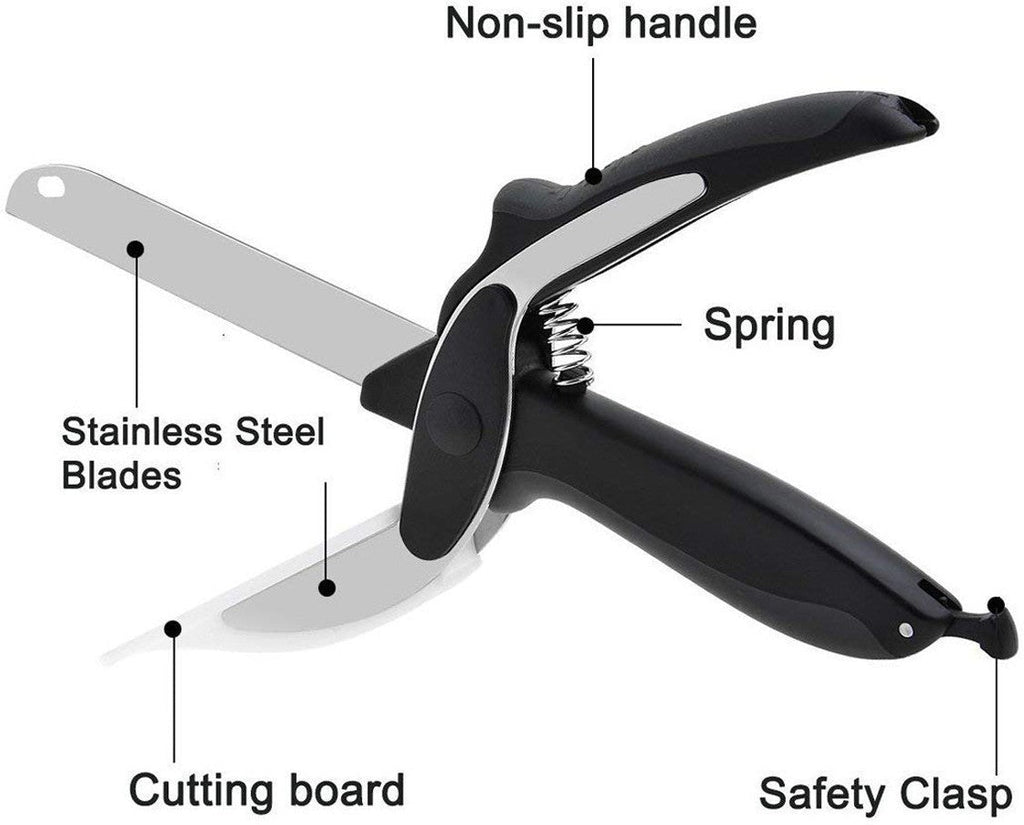 2 in 1 Steel Smart Clever Cutter Kitchen Knife Food Chopper and Built Mini Chopping Board with Locking Hinge; with Spring Action; Stainless Blade Vegetable Cutters.