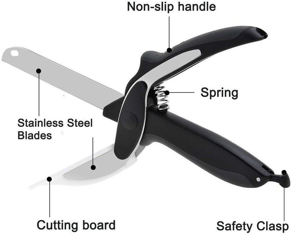 2 in 1 Steel Smart Clever Cutter Kitchen Knife Food Chopper and Built Mini Chopping Board with Locking Hinge; with Spring Action; Stainless Blade Vegetable Cutters.