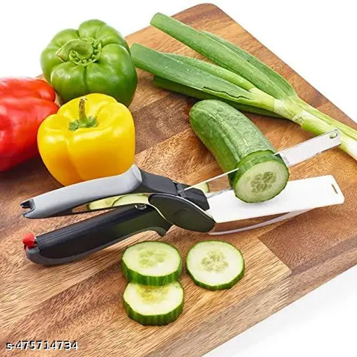 2 in 1 Steel Smart Clever Cutter Kitchen Knife Food Chopper and Built Mini Chopping Board with Locking Hinge; with Spring Action; Stainless Blade Vegetable Cutters.
