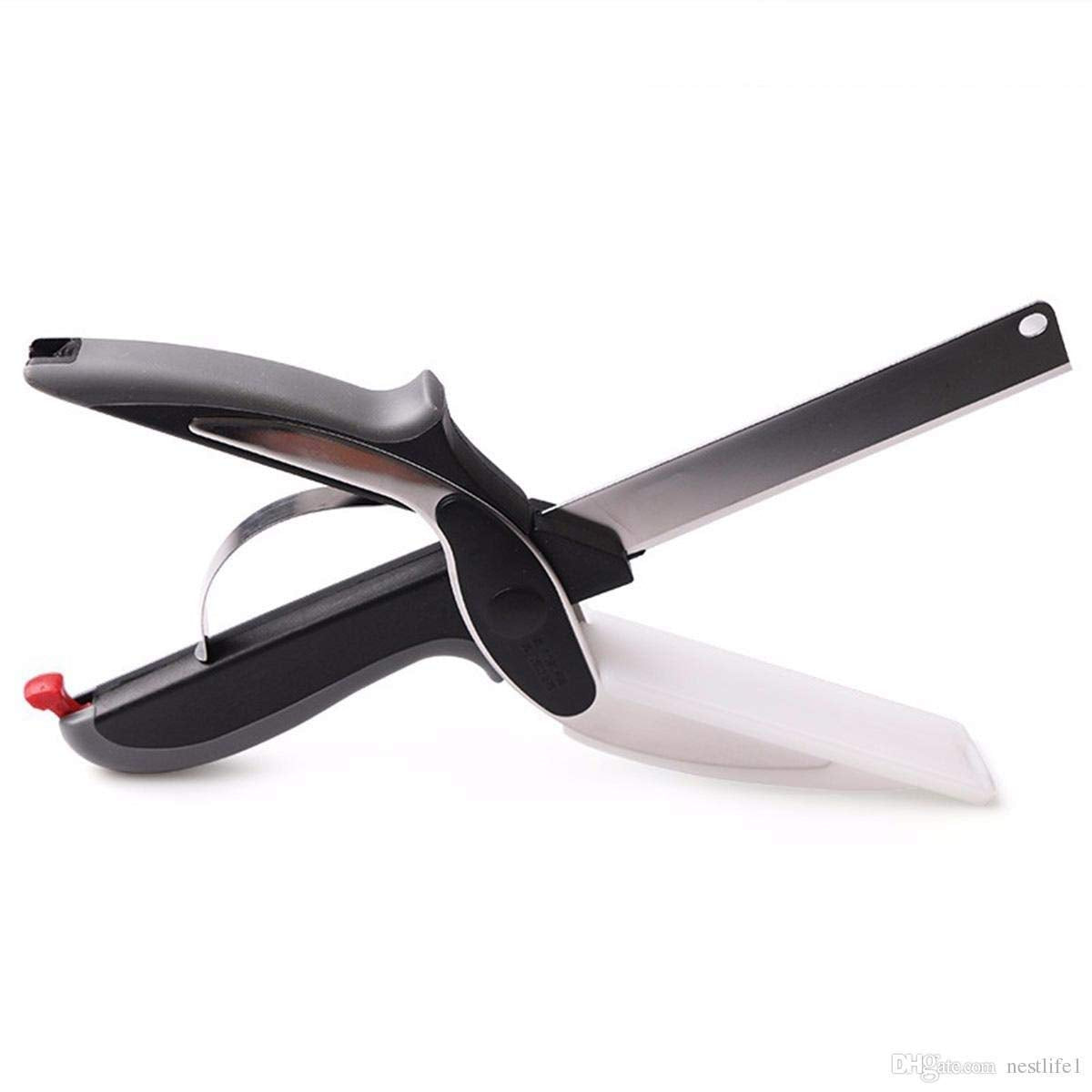 2 in 1 Steel Smart Clever Cutter Kitchen Knife Food Chopper and Built Mini Chopping Board with Locking Hinge; with Spring Action; Stainless Blade Vegetable Cutters.