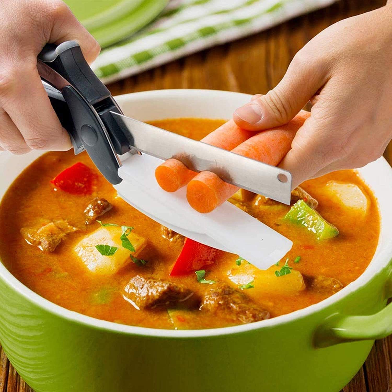 2 in 1 Steel Smart Clever Cutter Kitchen Knife Food Chopper and Built Mini Chopping Board with Locking Hinge; with Spring Action; Stainless Blade Vegetable Cutters.