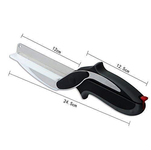2 in 1 Steel Smart Clever Cutter Kitchen Knife Food Chopper and Built Mini Chopping Board with Locking Hinge; with Spring Action; Stainless Blade Vegetable Cutters.