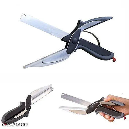 2 in 1 Steel Smart Clever Cutter Kitchen Knife Food Chopper and Built Mini Chopping Board with Locking Hinge; with Spring Action; Stainless Blade Vegetable Cutters.